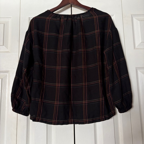 Madewell Shirred Peasant Long Sleeve Half Button Top in Windowpane - True Black - Picture 3 of 9